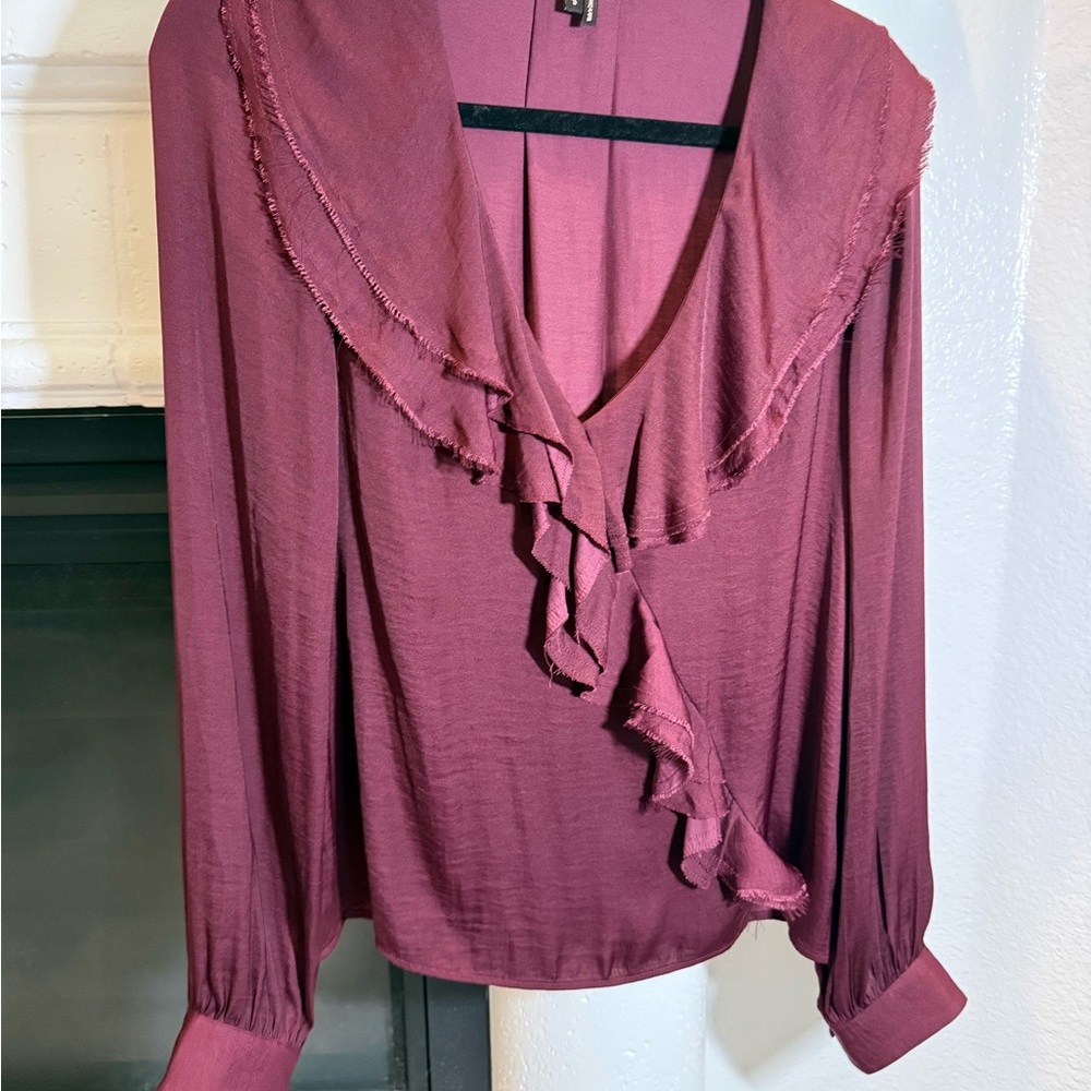PAIGE Women’s Ruffle V-Neck Cross Front Blouse - Burgundy Size S